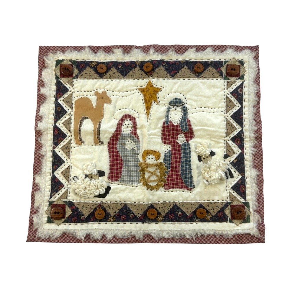 Vintage Handmade Nativity Quilted Wall Hanging Away In The Manger 17x15 Folk Art